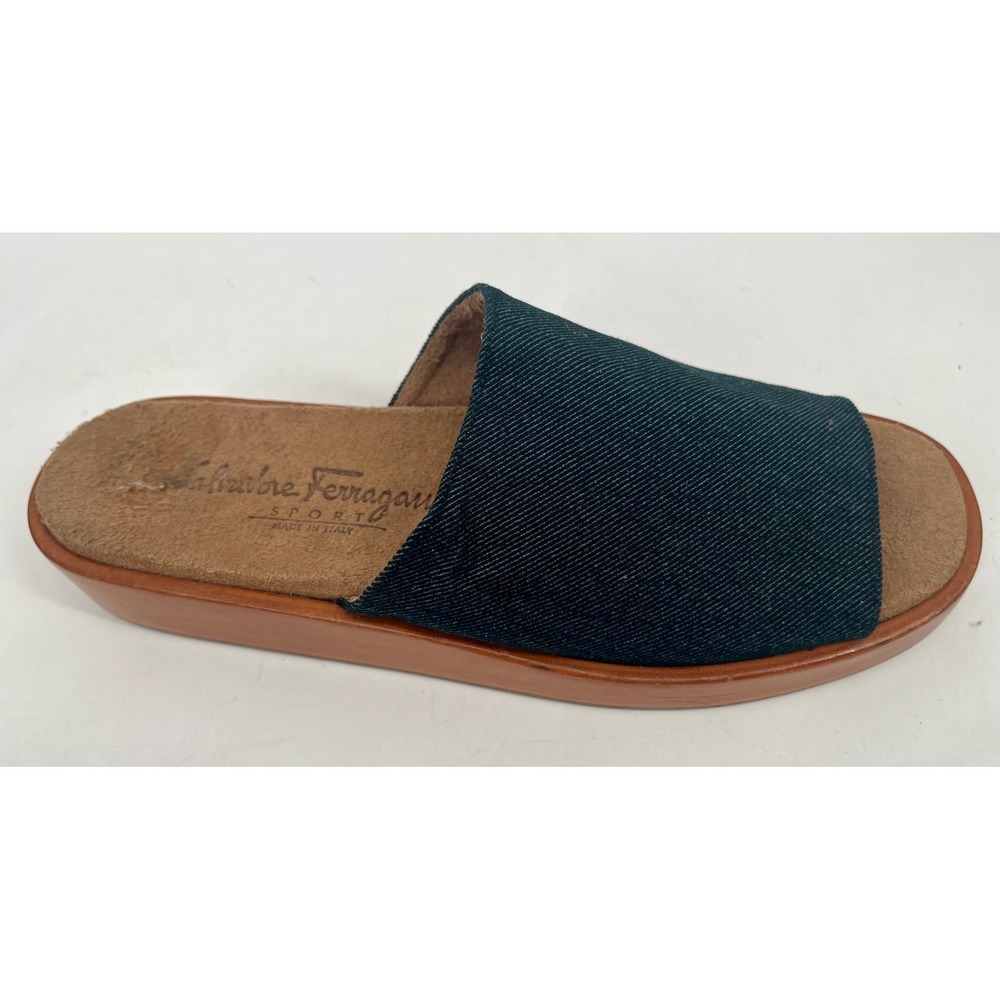 Salvatore Ferragamo Sport Denim Wooden Platform Slide Sandals Blue Size 8 B
